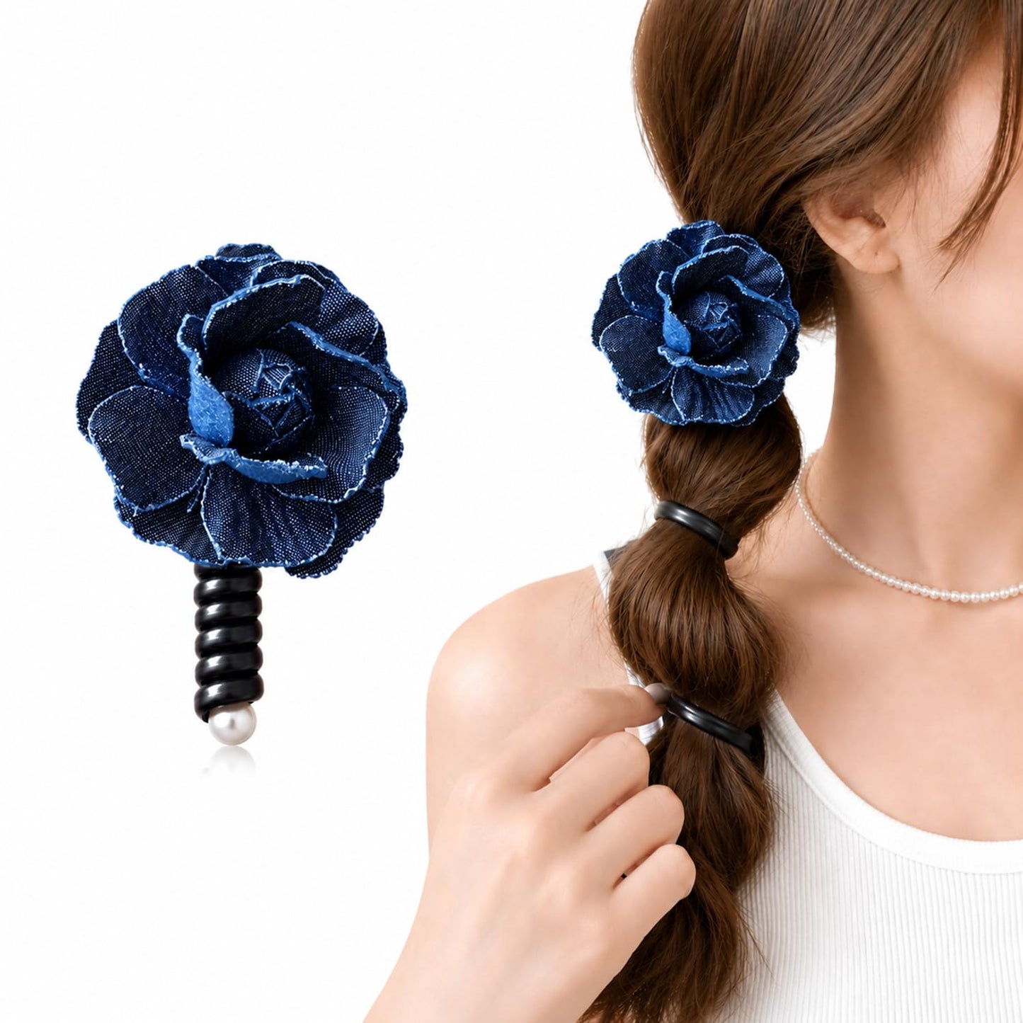 S.A.V.I Denim Flower Spiral Hair Tie for Women Dark Blue, Floral Elastic Pony Holder, 9 cm Accessory for Casual & Party, Comfortable