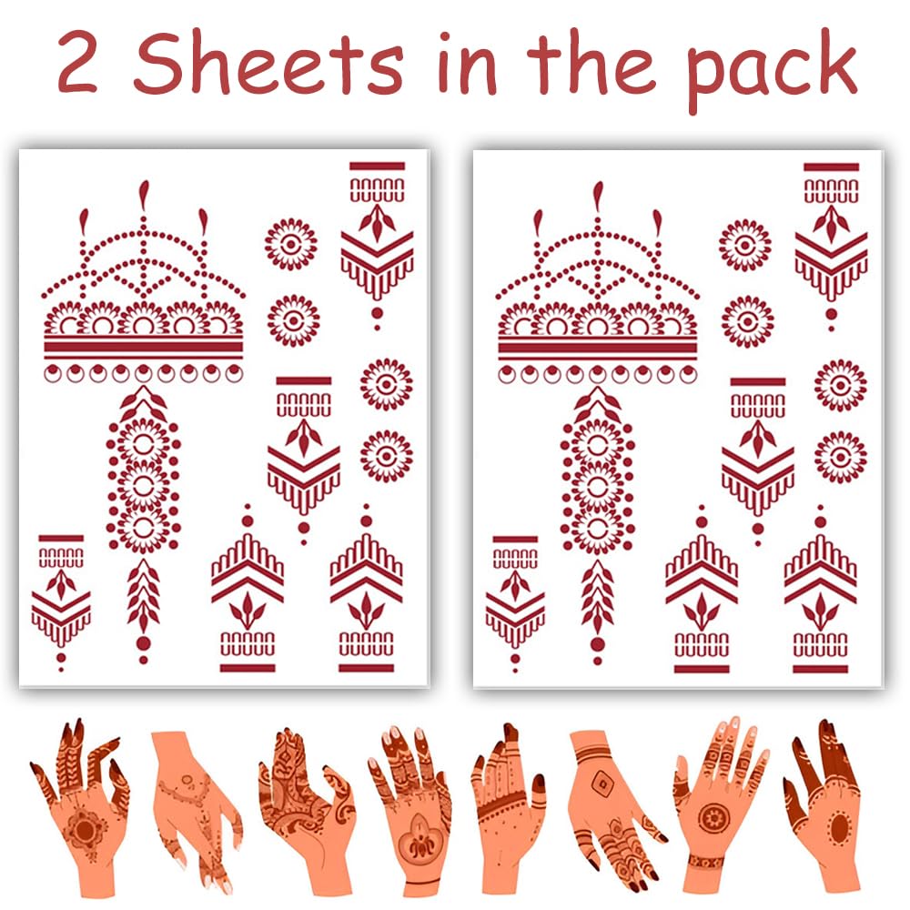 S.A.V.I 2 Sheets - Red Mehndi Style Temporary Tattoo Stickers for Women & Girls (16x12cm) | Floral Net Design | Waterproof, Safe, Non-Toxic Body Art for Hands – Easy to Apply & Remove (#49)