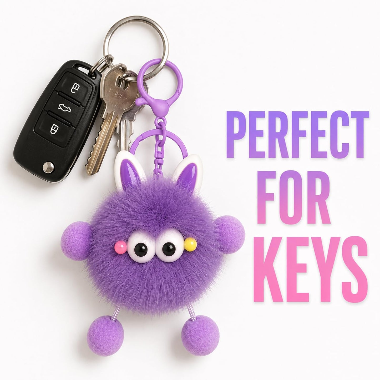 S.A.V.I Pom Pom Plush Keychain for Women Girls Faux Fur Purple, Kawaii Bunny Design, 14 cm, Lightweight Faux Fur Accessory for Handbags, Backpack, Purse & Keys, Gift Choice