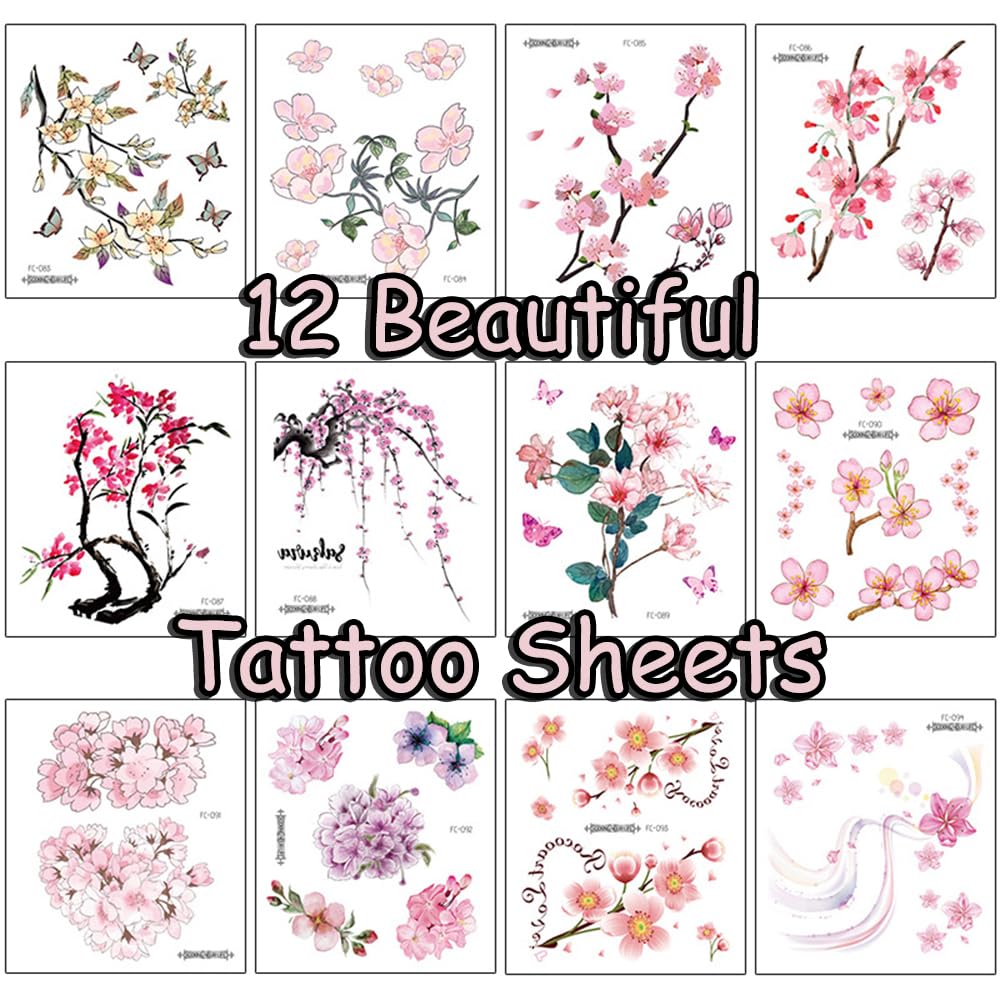 S.A.V.I 12 Pcs Floral Temporary Tattoos for Women & Girls | Safe Non-Toxic Waterproof Body Art Stickers | 10.5x12cm Cherry Blossom Design | Long-Lasting Arm, Neck, Shoulder Tattoo (3)