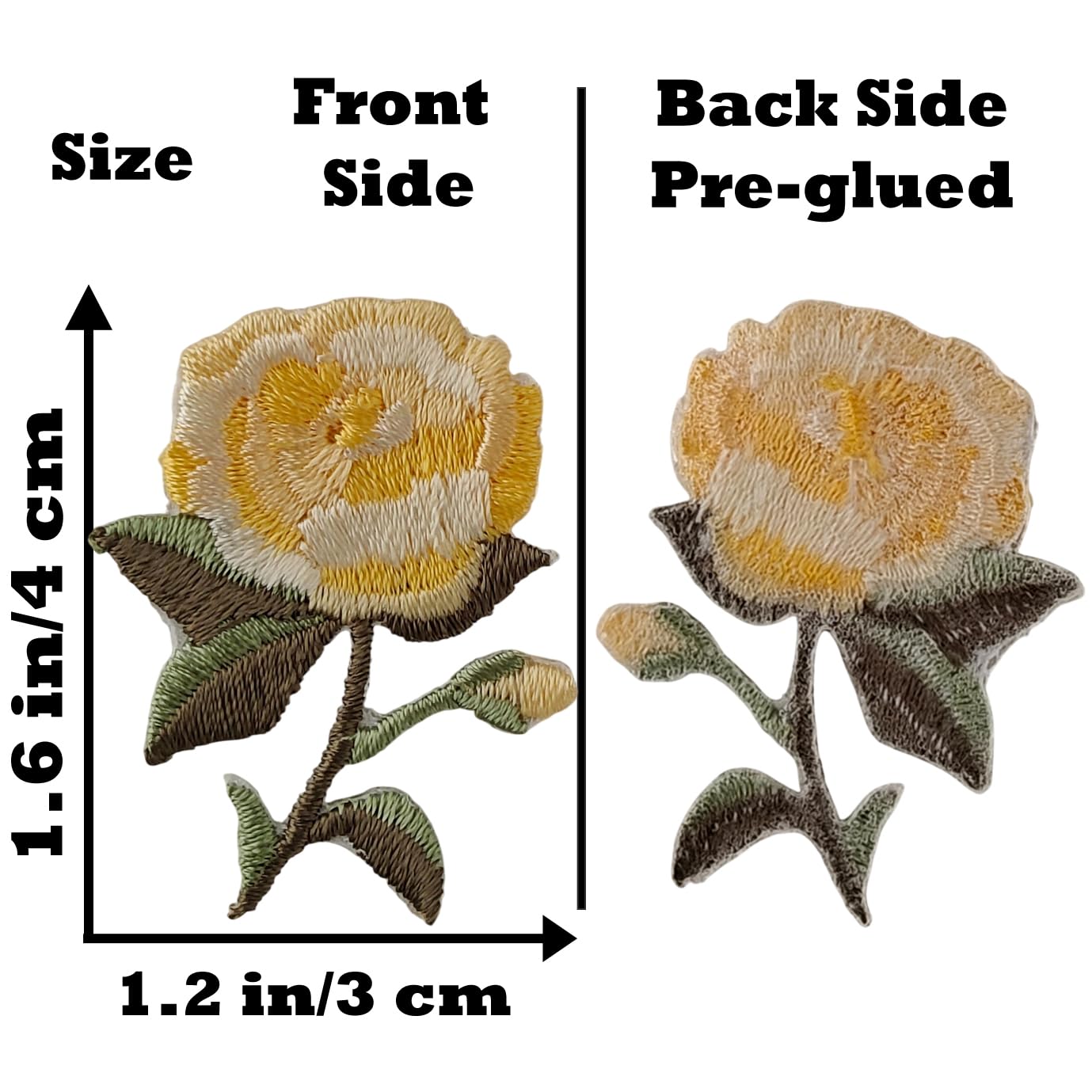 S.A.V.I 2 Pcs Iron-On Embroidered Rose Flower Patch Set, Yellow & Green Floral Applique, 1.6 x 1.2 Inch Pre-Glued Fabric for Clothes, Bags & DIY Craft Decor