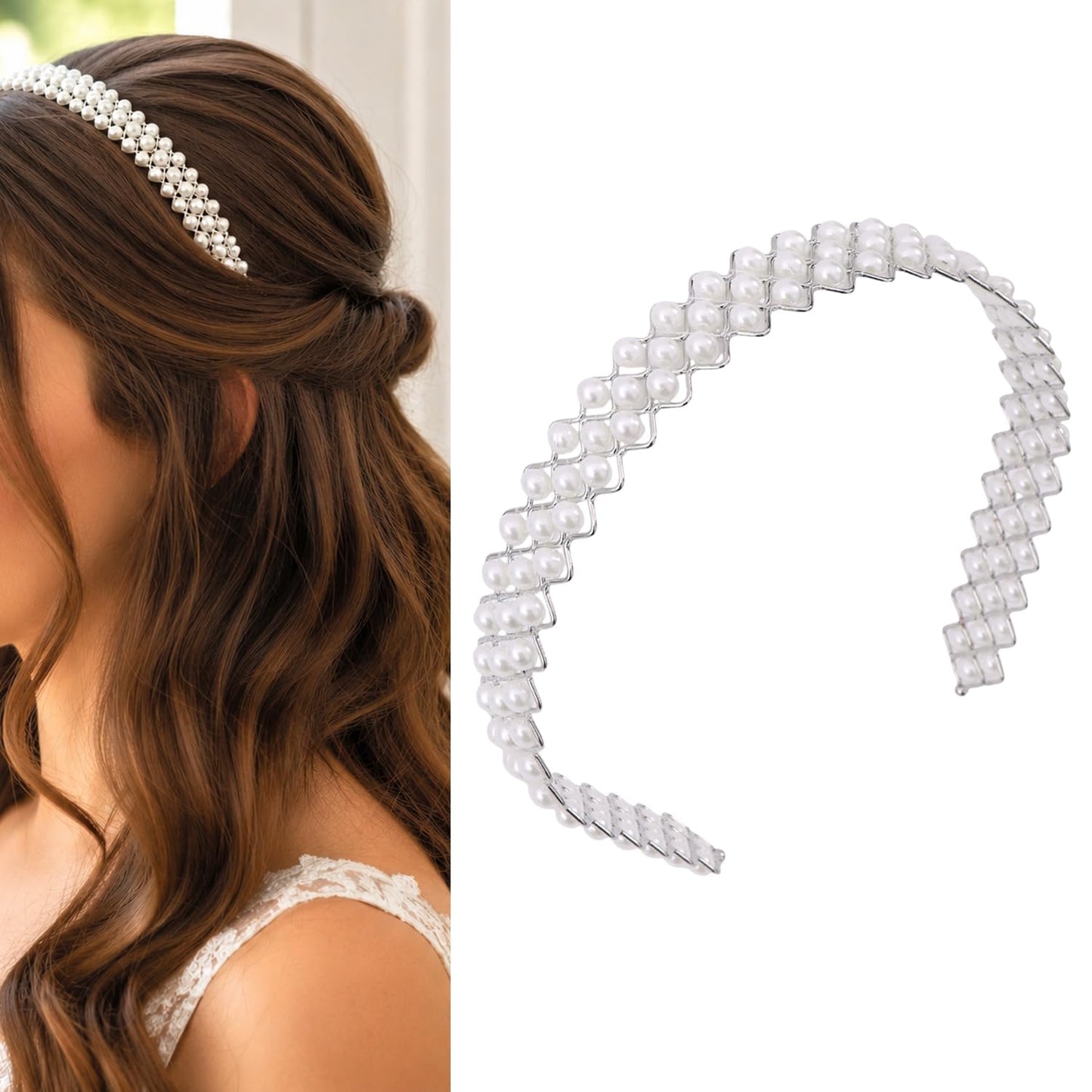 S.A.V.I Pearl White Zigzag Hair Band for Women & Girls | Double Row Faux Pearl Beaded Metal Headband | Korean Style Bridal Party Hair Accessory | Lightweight Comfortable Fit