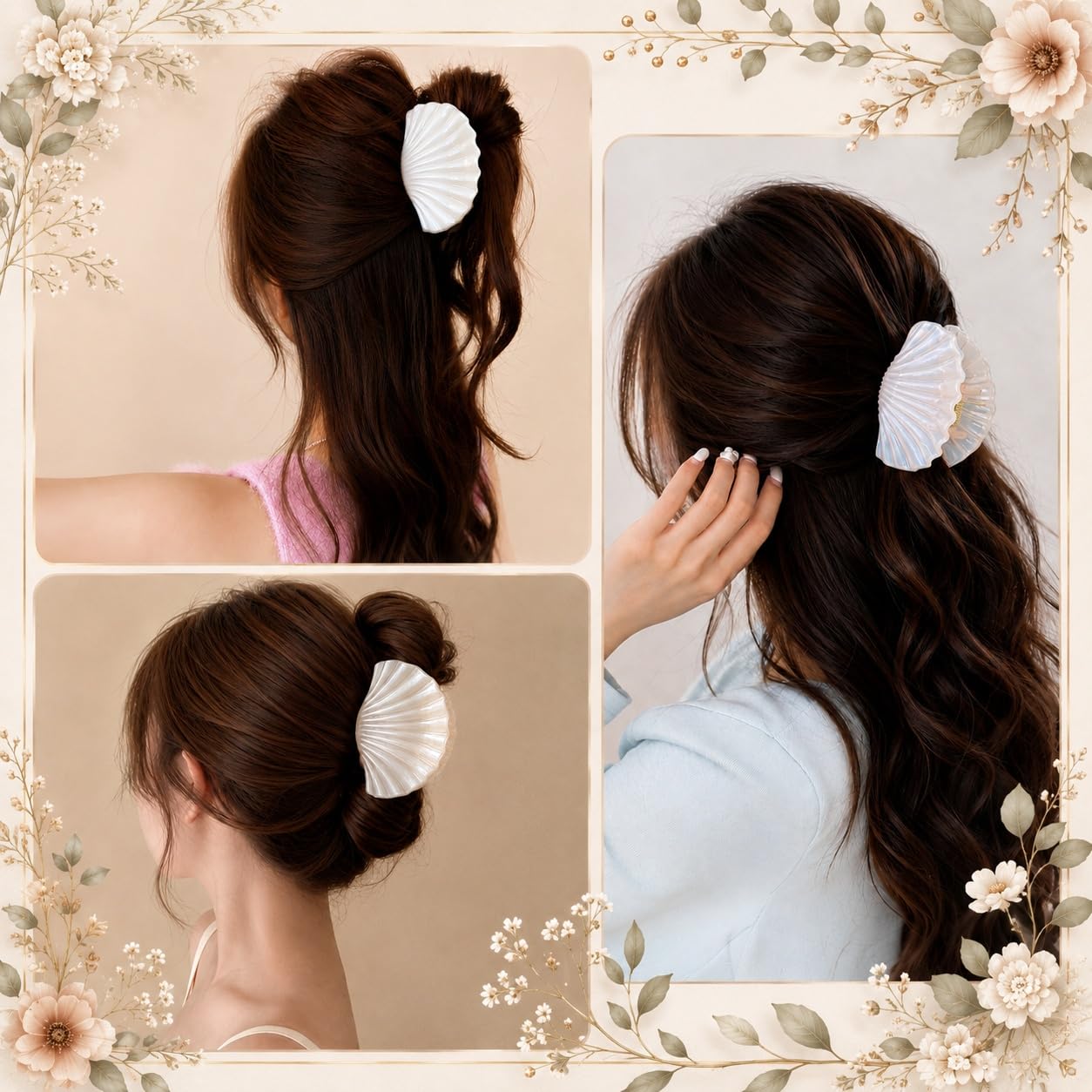 S.A.V.I Shell Hair Claw Clip for Women, Large Off White 10 cm | Iridescent Resin, Secure Grip, Thick & Long Tresses, Party & Office Styling, Daily Use