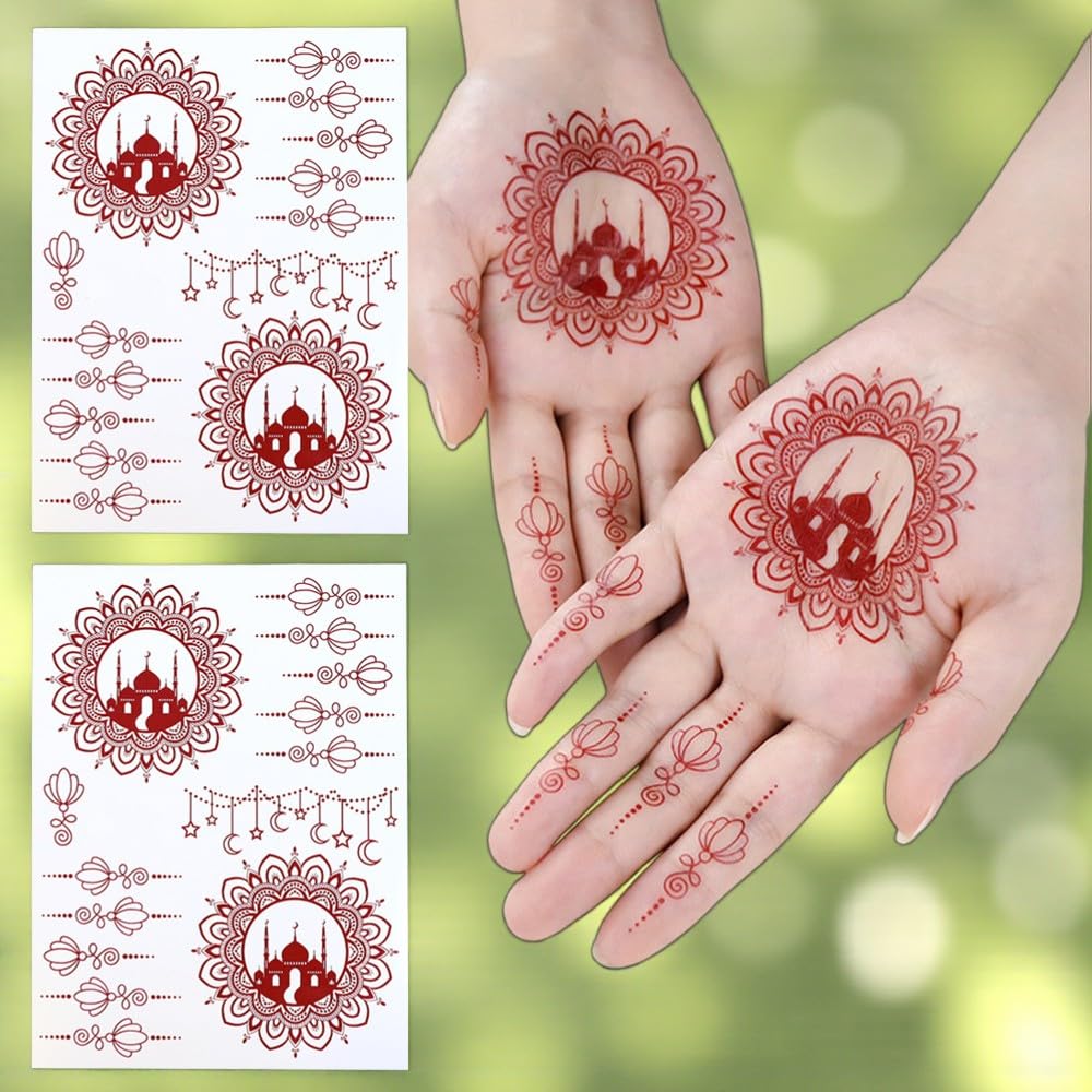 S.A.V.I 2Pcs Natural Islamic Henna Mehndi Temporary Tattoo Stickers for Women – Crescent Moon, Mosque & Mandala Design, Waterproof Skin-Safe Transfer Body Art for Eid, Nikah & Festivals (#58)