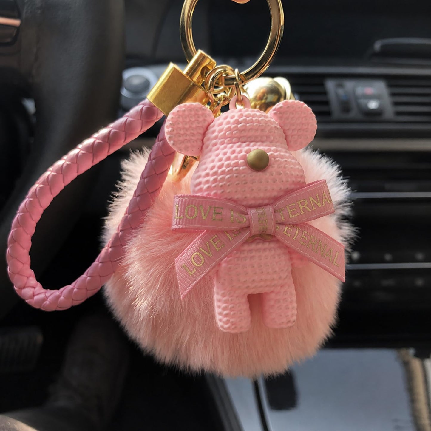 S.A.V.I Teddy Bear Pom Pom Keychain for Women & Girls, Pink Bag Charm, Soft Faux Fur, Braided Strap, Gold-Tone Bell, 13.5 Cm Cute Accessory For Keys, Handbags, Backpacks & Gifting