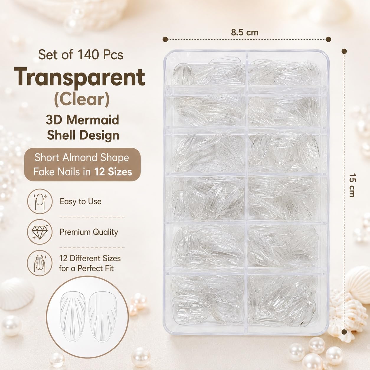 S.A.V.I Clear 3D Mermaid Shell Short Almond False Nails 140 Pcs | 12 Sizes Included, Flexible ABS Material, Natural Fit, Reusable DIY Manicure, Salon Finish