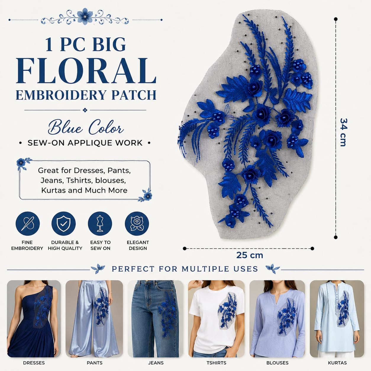 S.A.V.I Royal Blue Floral Embroidery Patch Sew-On Applique 34x25cm|Beaded Lace Motif, Mesh Fabric for DIY Saree, Kurti, Gown, Blouse, Jacket & Costume Customization