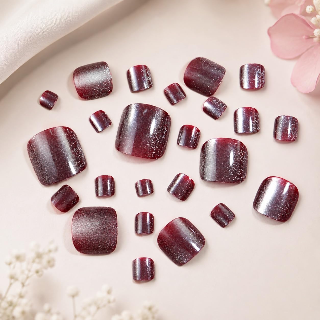 S.A.V.I Press on Toenails Wine Cat Eye Short Square 24-Piece