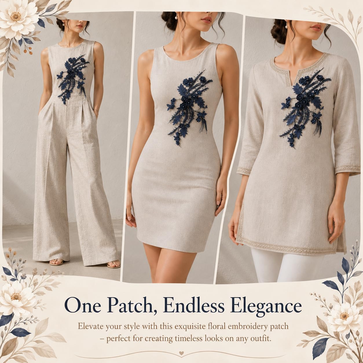 S.A.V.I Floral Embroidery Patch Sew-On Applique, Navy Blue|34 x 25 cm Lace Motif with 3D Pearls for Kurtis, Dresses, Blouses, DIY Craft & Garment Customization