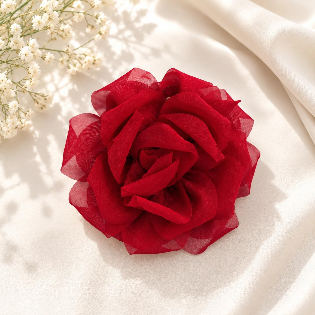 S.A.V.I Rose Hair Claw Clip for Women, Mesh Floral, Red, 10 cm | Strong Grip, Lightweight Fabric, Casual & Party Styling, Wedding & Festive Use, For Girls