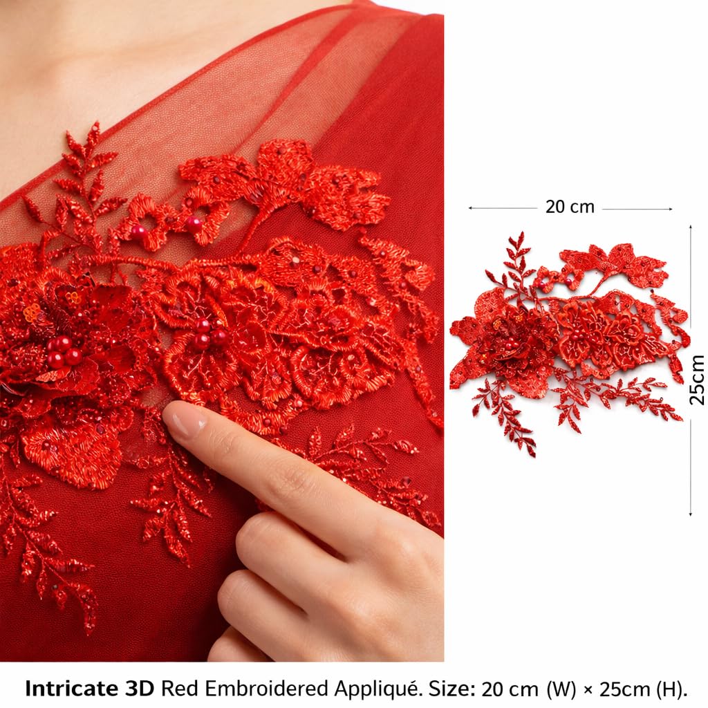S.A.V.I Red 3D Floral Embroidered Appliqué Patch 20x25 cm | Handmade Net Thread Sew-On Lace Motif for Saree, Lehenga, Gown & Blouse Design (Red)