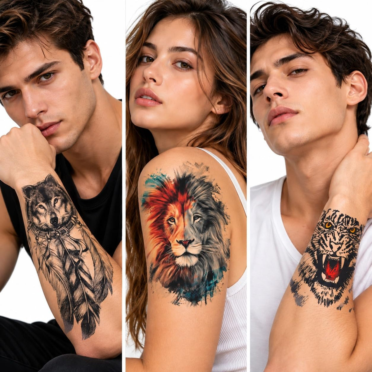 S.A.V.I Temporary Tattoo Stickers Wolf, Lion & Tiger, 3 Sheets