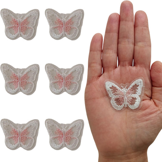 S.A.V.I 6 Pcs Butterfly Embroidered Sew On Patches, White & Blush Pink Thread Work, Organza Mesh Fabric Appliqué for Dresses, Blouses, DIY Craft & Decoration (4.4 x 3.5 cm) (White-Pink)