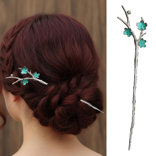 S.A.V.I Blue & Silver Cherry Blossom Hair Stick for Women | 18 cm Vintage Japanese Style Floral Hair Pin | Alloy Metal Bun Accessory for Bridal, Party & Ethnic Hairstyles