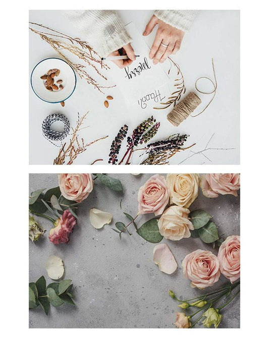 SAVIAURA 1 Sheet 2 in 1 Photography Backdrop 3D Flat Lay Tabletop Double-Sided 22x16 Photo Background PVC Wrinkle-Free for Small Products Food, Cosmetics Shoot (#1-Roses and Desk Pattern)