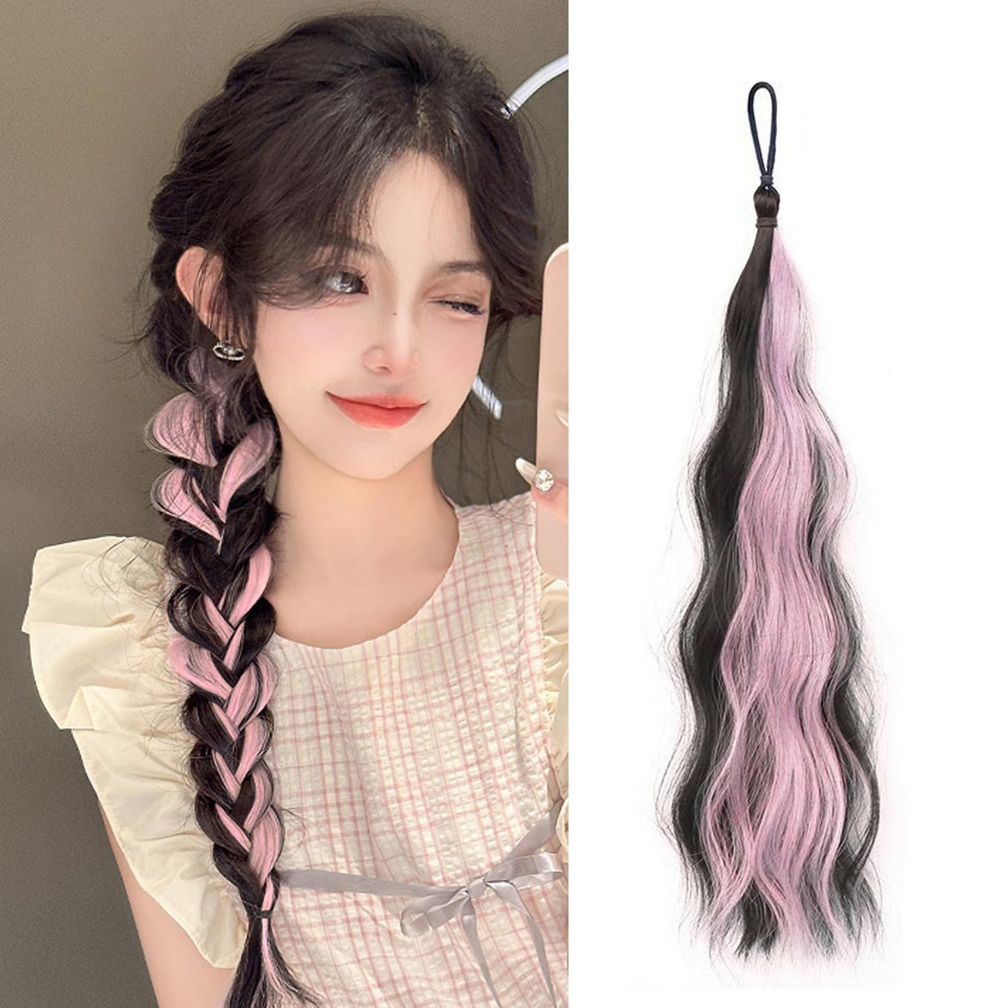 S.A.V.I Black & Pink Highlight Ponytail Hair Extension for Women & Girls | 55 cm Wavy Synthetic Clip-On Hairpiece with Elastic Band | Braiding Pony Tail for Party, Cosplay & Daily Styling