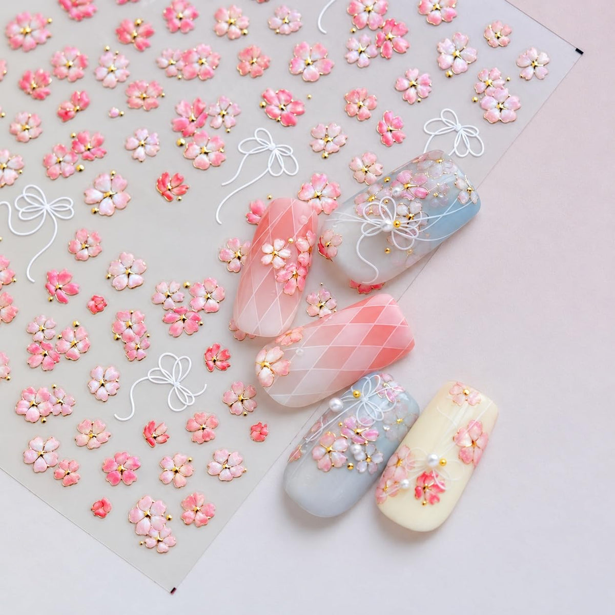 S.A.V.I 3D Floral Nail Art Stickers Self Adhesive Decals 2 Sheets | Pink Cherry Blossom, Raised Texture, DIY Manicure, 7 x 9 cm, Women & Girls