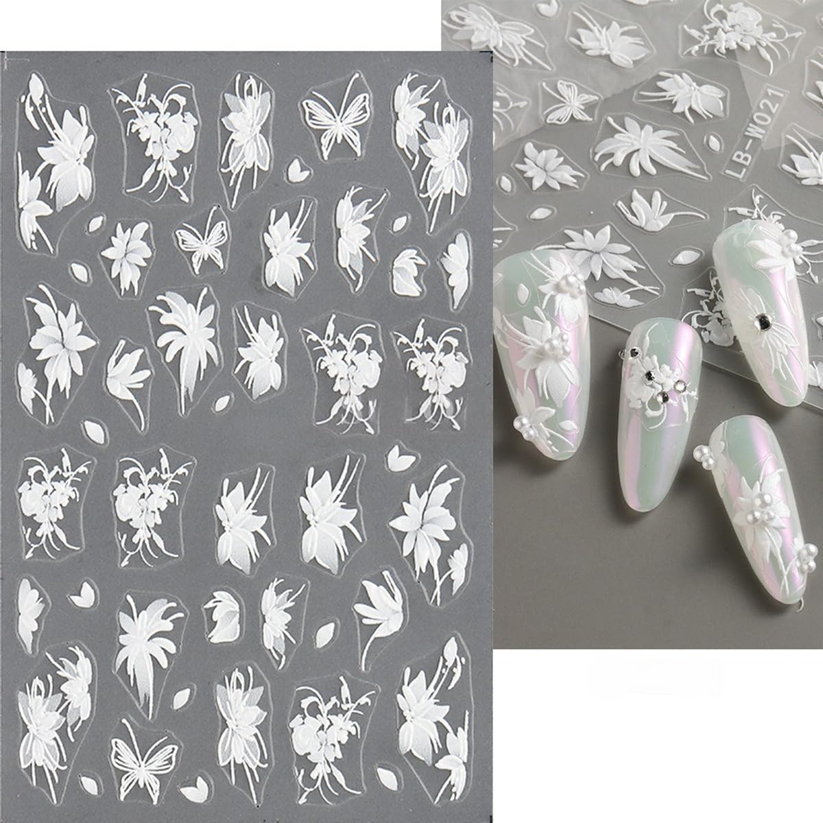 S.A.V.I 4 Sheets - 3D Floral Nail Art Stickers | White & Pink Self-Adhesive PVC Decals with Transparent Base | DIY Nail Decoration for Gel, Acrylic & Natural