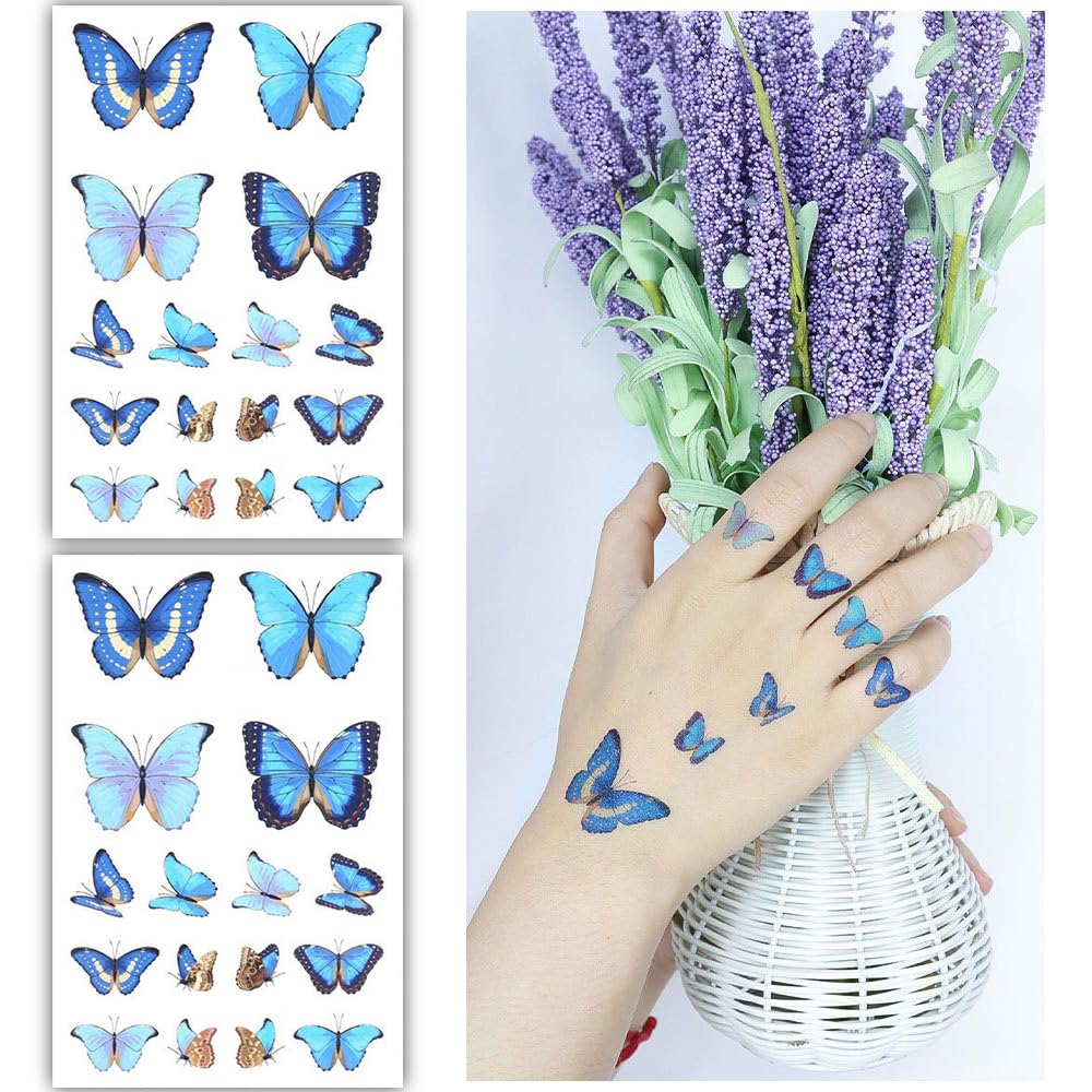 S.A.V.I 2 Sheets - Vibrant Blue Butterfly Temporary Tattoos, Waterproof  Long-Lasting, Skin Safe - For Kids  Adults, Easy Apply/Remove - Perfect for Parties, Festivals, Crafts (7.5 x 12 cm)
