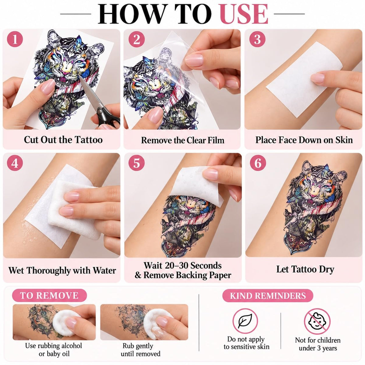 S.A.V.I Temporary Tattoo Stickers Lion Tiger Owl, 3 Sheets