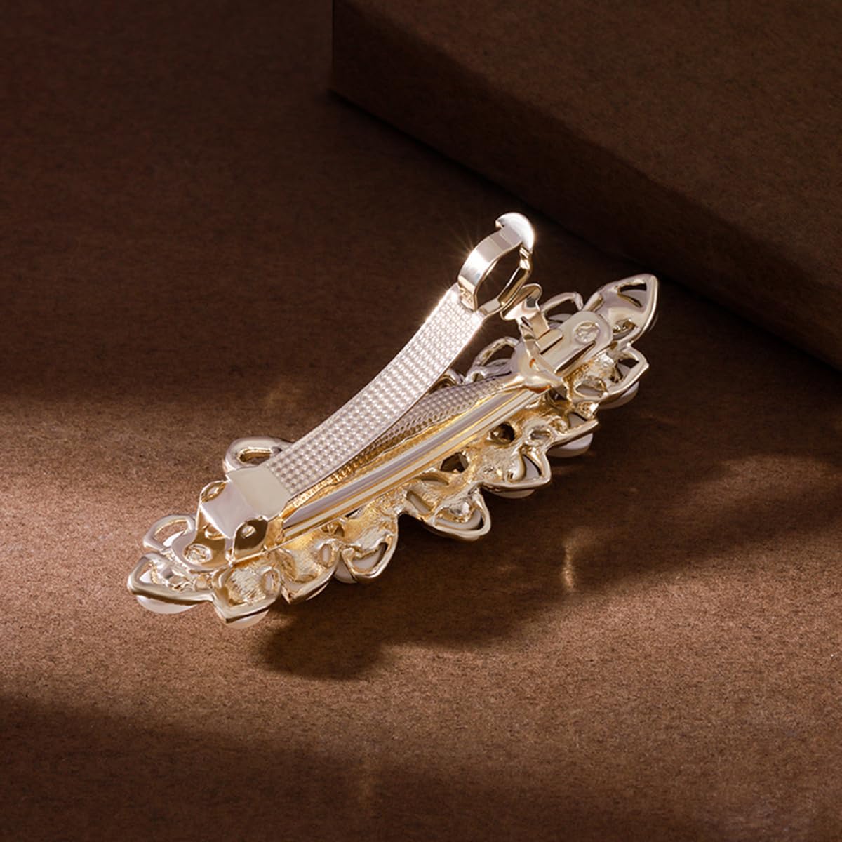 S.A.V.I White & Gold Floral Hair Barrette Clip for Women, Rhinestone Pearl Petal French Metal Hair Pin, Elegant Party Wedding Daily Wear Hair Accessory for Girls & Women, 7 cm