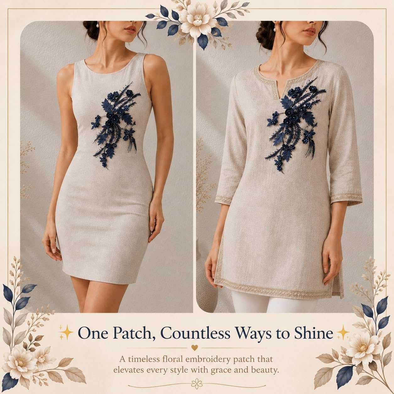S.A.V.I Floral Embroidery Patch Sew-On Applique, Navy Blue|34 x 25 cm Lace Motif with 3D Pearls for Kurtis, Dresses, Blouses, DIY Craft & Garment Customization