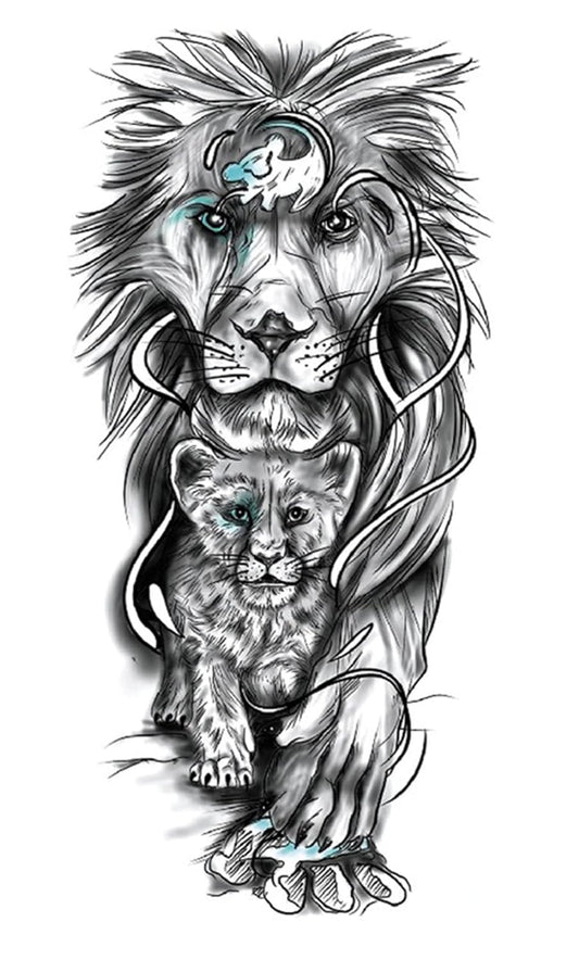 S.A.V.I Temporary Tattoo Stickers, Lion with Cub Baby Lion Child Tattoo Pattern For Men, Women, Tattoo For Hand Arm, Size 21x11cm - 1Pc.