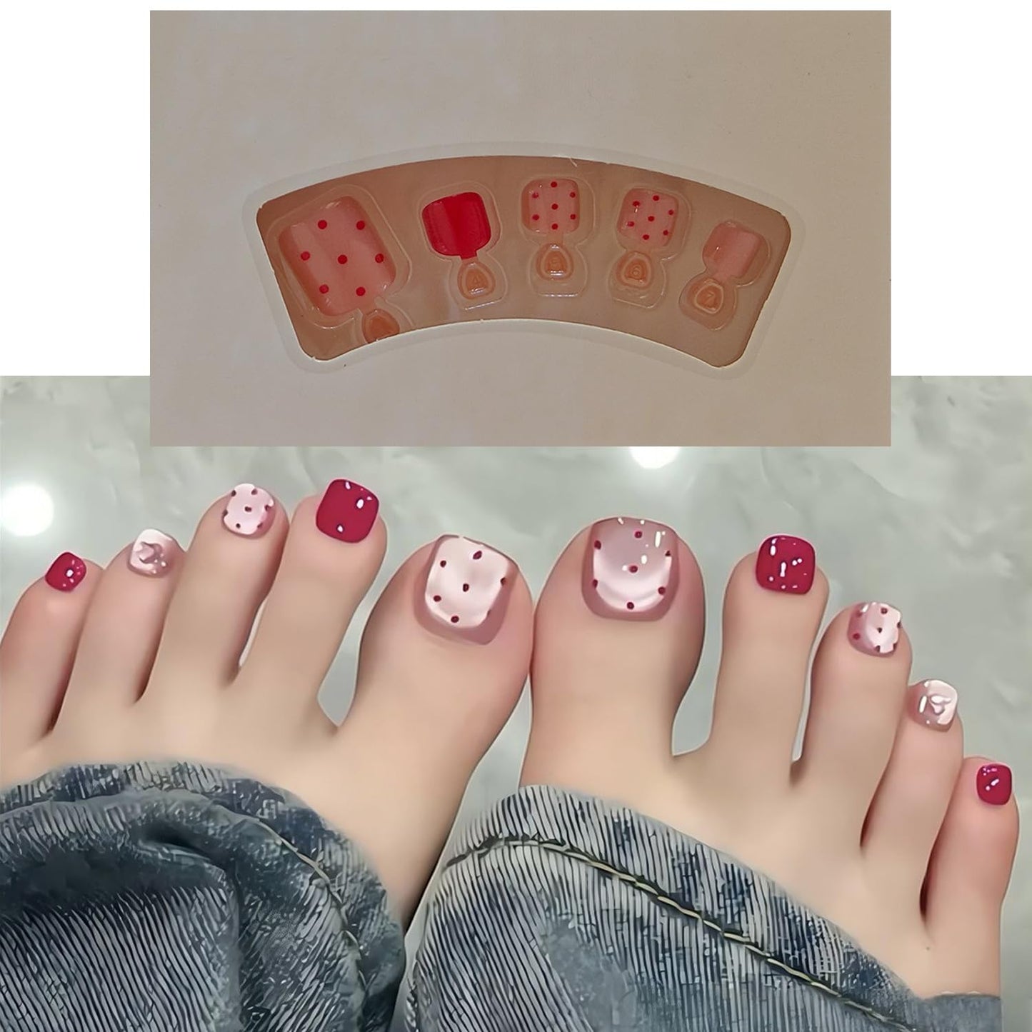 S.A.V.I Medium Length Press-On Nails for Women, Dark Red & Nude Cat Eye Plaid Design, Natural Square Shape, Glossy Reusable Fake Nail Set, 30 Pcs Box with Glue & Tabs