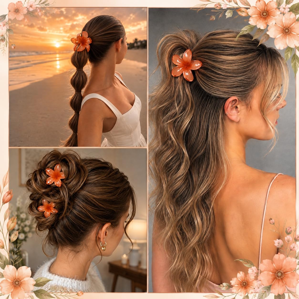 S.A.V.I Floral Hair Claw Clips Set of 3 for Women & Girls, Orange | 1 Large 8 cm & 2 Mini 4 cm, Acrylic Barrettes, Half Updos & Buns, Secure Grip, Daily Wear