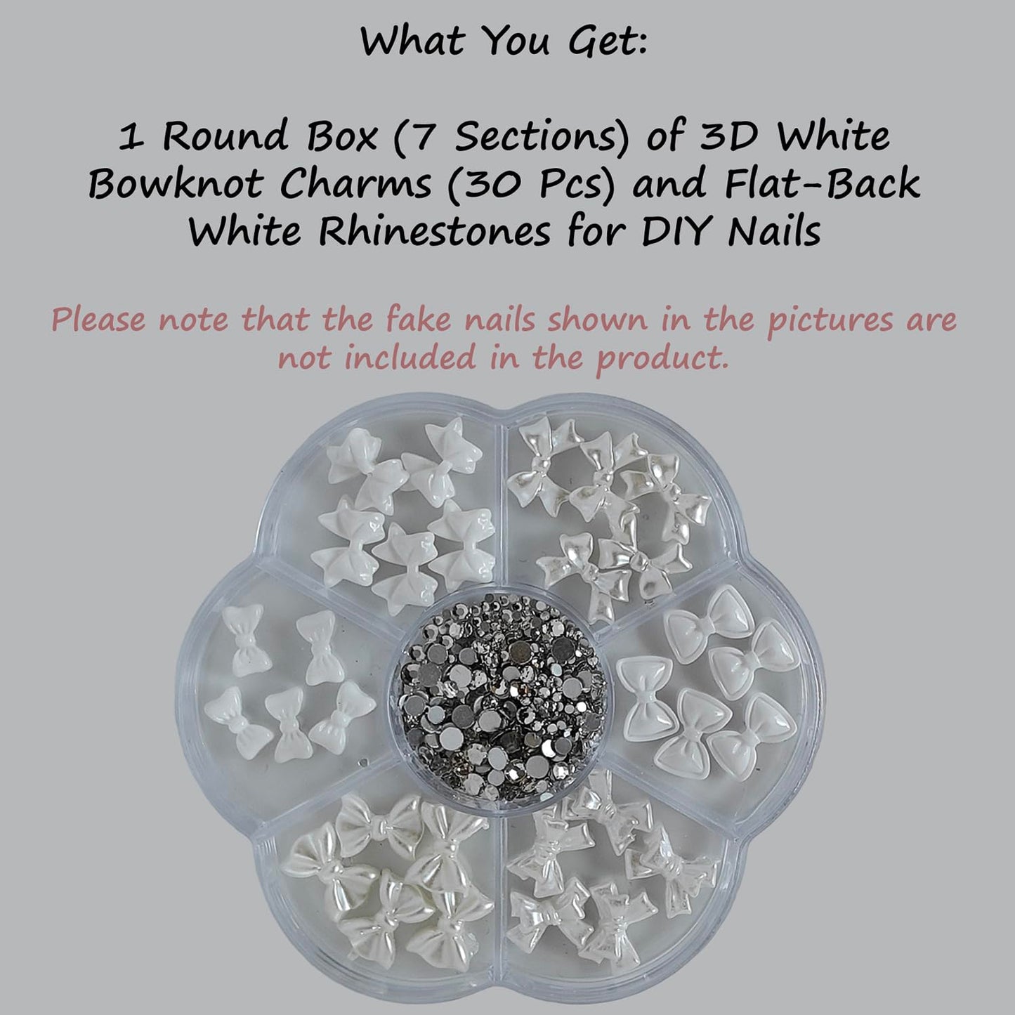 S.A.V.I 3D White Bowknot Nail Art Charms Set (30 Pcs) – Pearl Finish Resin Bows & Flat-Back Rhinestones, Mixed Sizes, Round 7-Section Storage Box for DIY Acrylic & Gel Nails