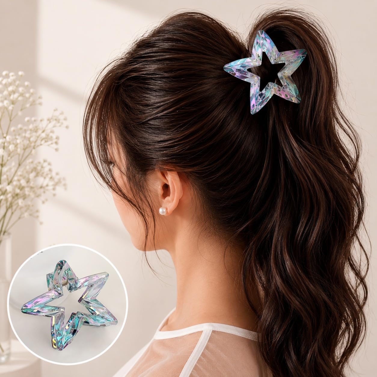 S.A.V.I Hair Claw Clip for Women Iridescent Star Grey 7 cm | Resin Material, Strong Grip, Casual & Party Use, Lightweight, For Girls