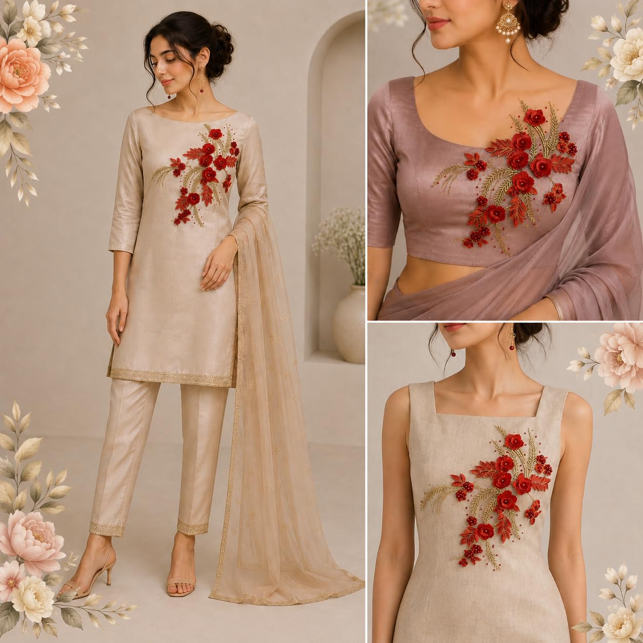 S.A.V.I Floral Embroidery Patch Sew-On Applique Red Gold 34x25cm|DIY Mesh Lace Motif for Kurta, Blouse, Saree, Gown & Dress Neckline, Handcrafted Women’s Garment Embellishment, 1 Pc