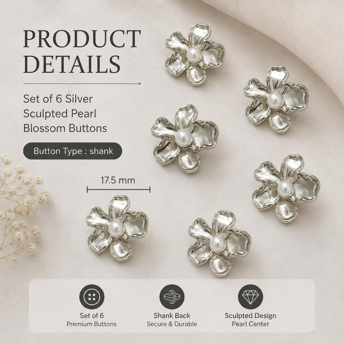 S.A.V.I Floral Pearl Shank Buttons Silver Tone 17.5mm for Blouse | Set of 6, Sculpted Blossom Design, Saree & Lehenga Use, DIY Craft & Sewing, Kurti & Choli