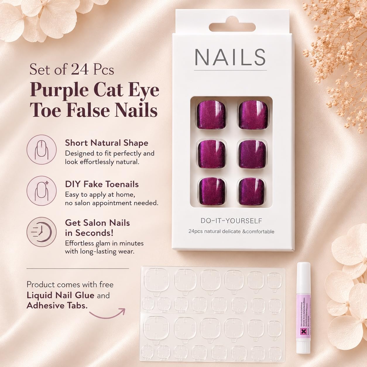 S.A.V.I Press on Toenails 24 Pcs Purple Cat Eye Short Square Tips