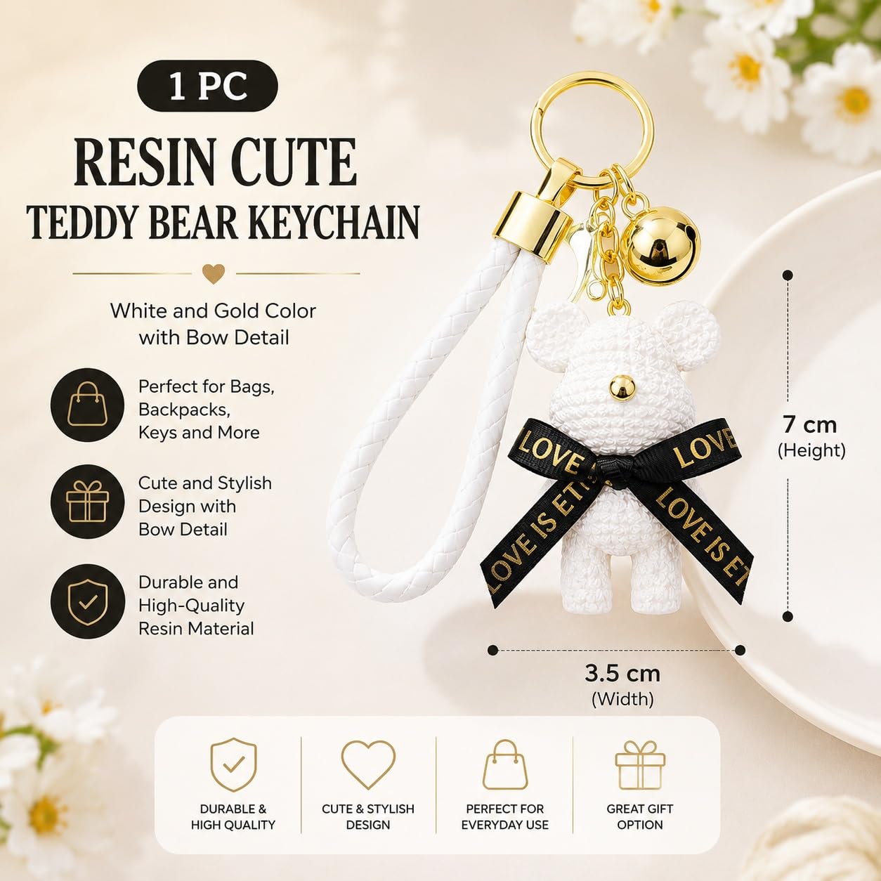 S.A.V.I Resin Teddy Bear Keychain Bag Charm for Women, White | 7 cm Size, Gold-Tone Hardware, Wrist Strap Included, Durable Build, For Backpacks & Purses