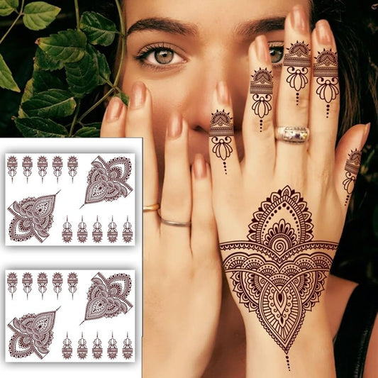 S.A.V.I 2 Sheets - Henna Mehendi Tattoo Stickers Waterproof, Natural Color - Women's Hands, Arms, Body - 21x15cm