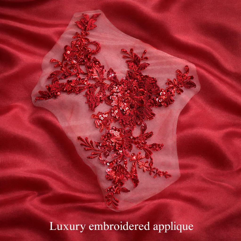 S.A.V.I Red Sequin Embroidered Applique Patch 25x29 cm | Floral Asymmetrical Net Fabric Sew-On Motif for Blouse, Kurti, Gown, Saree | DIY Craft Decoration (Red)
