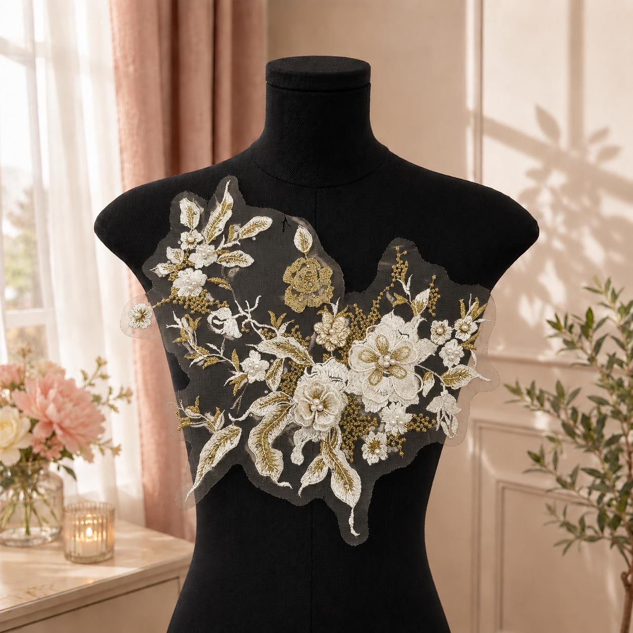 S.A.V.I Floral Embroidery Patch Sew-On Applique White Gold 36x25 cm|Large DIY Lace Motif for Dresses, Kurtas, Blouses & Shirts, Mesh Fabric, Elegant Decorative Craft Accessory