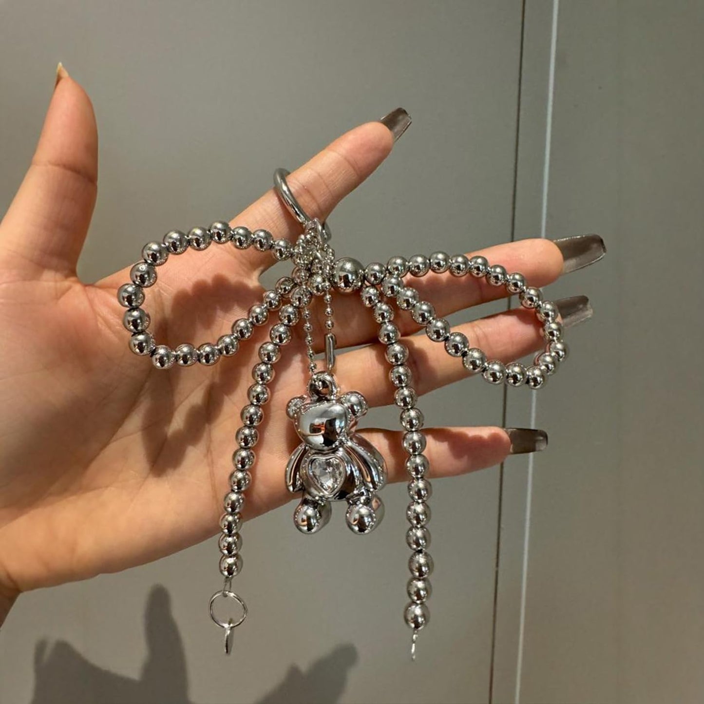 S.A.V.I Big Bow Teddy Bear Keychain for Women, Chrome Silver, Sparkling Heart Pendant, Beaded Metal Finish, Bag & Key Charm, 15 cm Length, Ideal for Girls