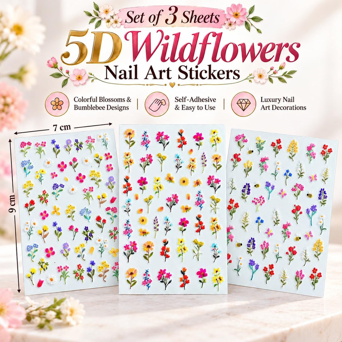 S.A.V.I 5D Nail Art Stickers Wildflower Floral Designs, Set of 3 | Self-Adhesive Decals, 7 x 9 cm Sheets, DIY Manicure, Women & Girls, Multicolour Blossoms