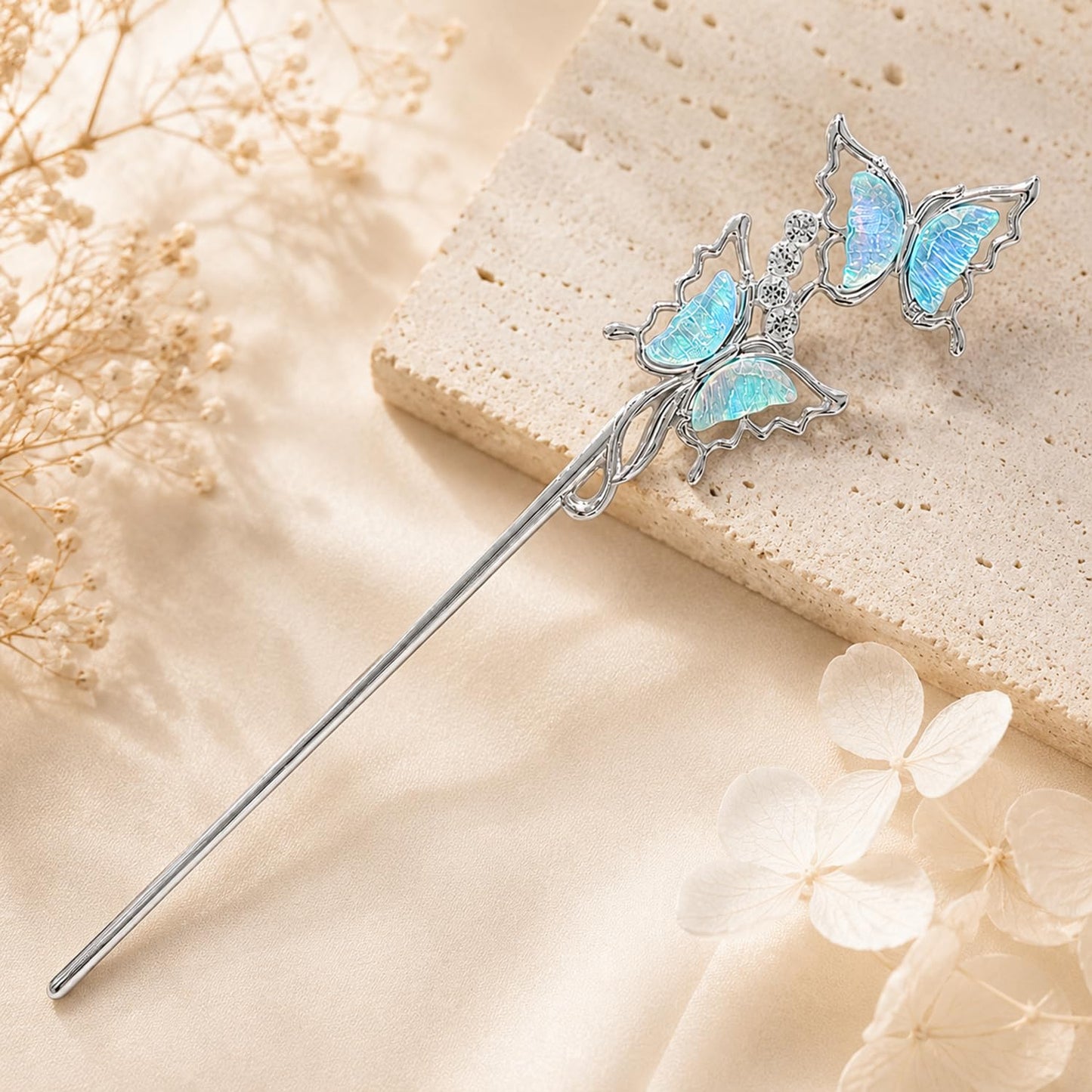 S.A.V.I Moonstone Butterfly Hair Stick Silver Blue 18 cm, Silver-Blue Alloy Bun Accessory, Lightweight, Elegant Updo Holder for Daily, Parties & Festive Looks
