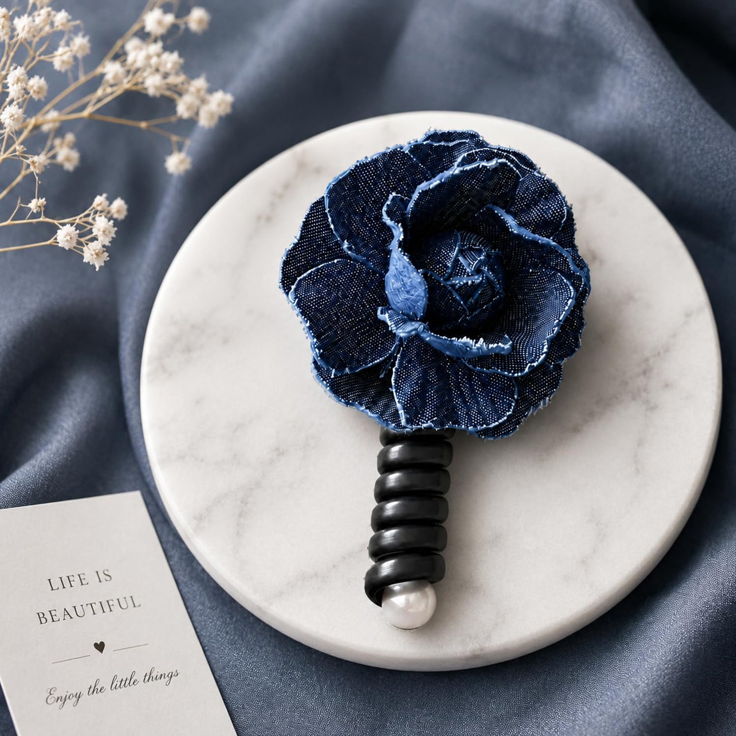 S.A.V.I Denim Flower Spiral Hair Tie for Women Dark Blue, Floral Elastic Pony Holder, 9 cm Accessory for Casual & Party, Comfortable
