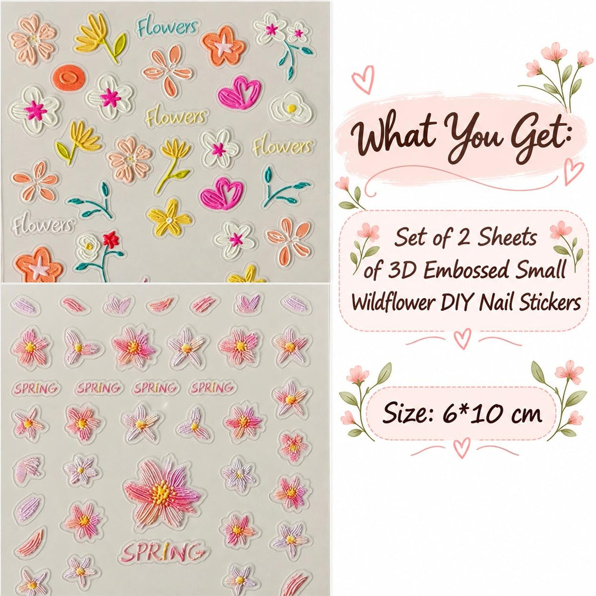 S.A.V.I 3D Embossed Floral Nail Art Stickers Wildflower Decals | 2 Sheets, Self Adhesive, DIY Manicure, Easy Peel and Apply, 6 x 10 cm Each