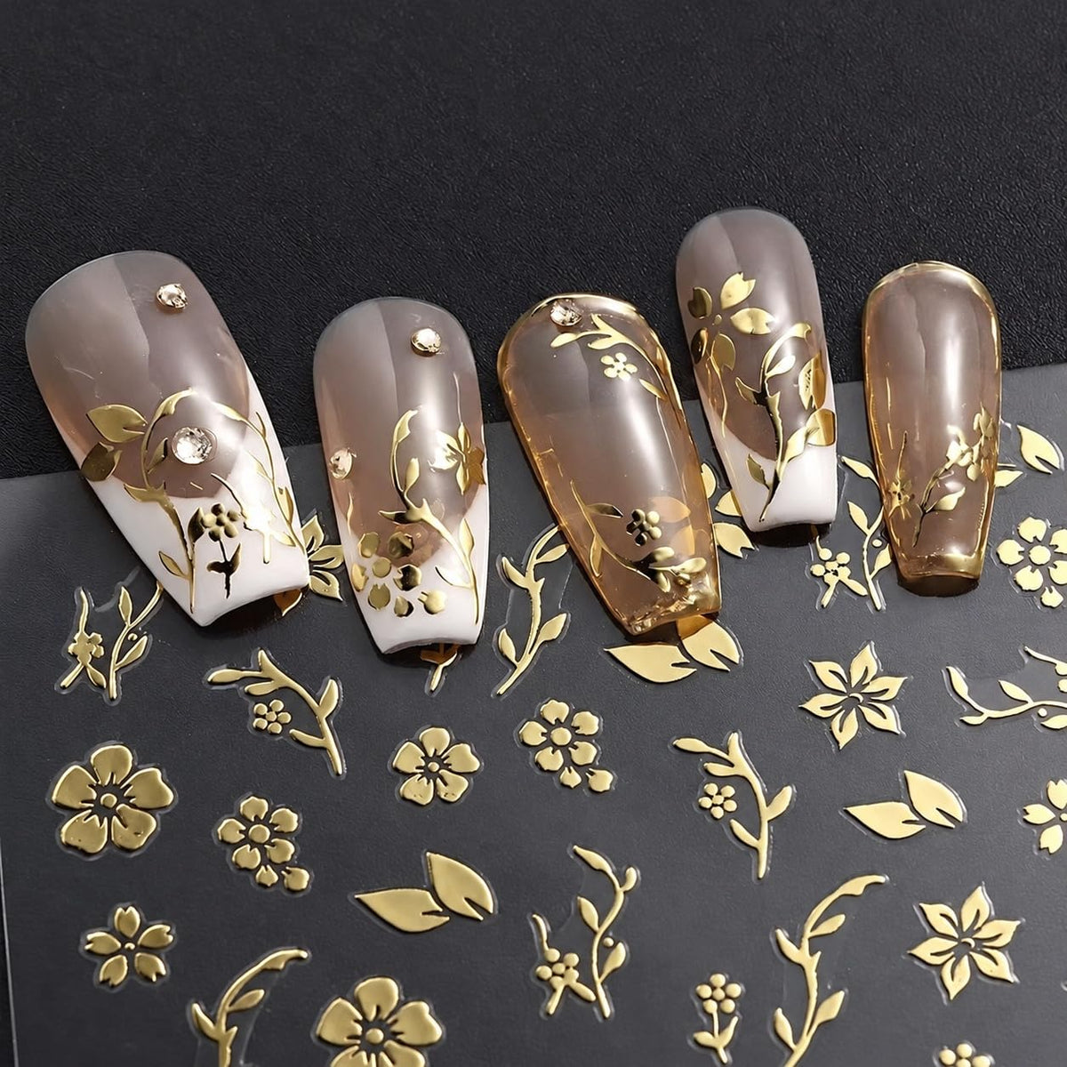 S.A.V.I 3D Floral Nail Art Stickers Metallic Gold Self Adhesive | 2 Sheets, 8 x 10 cm Each, Raised Flower & Leaf Designs, Easy Peel and Apply, for Women & Girls
