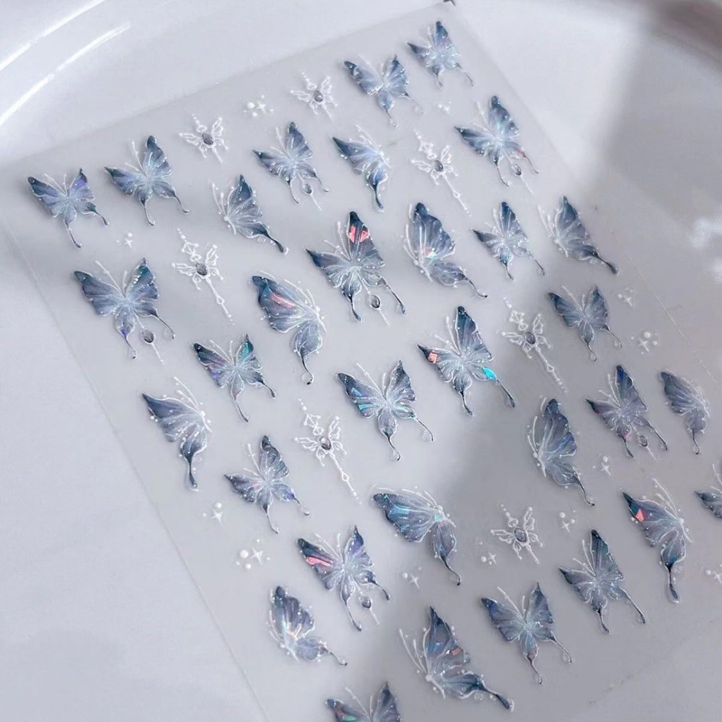 S.A.V.I 2 Sheets - 3D Butterfly Nail Art Stickers, Pink & Blue Holographic Self-Adhesive Decals, Waterproof Acrylic Decorations for Women and Girls