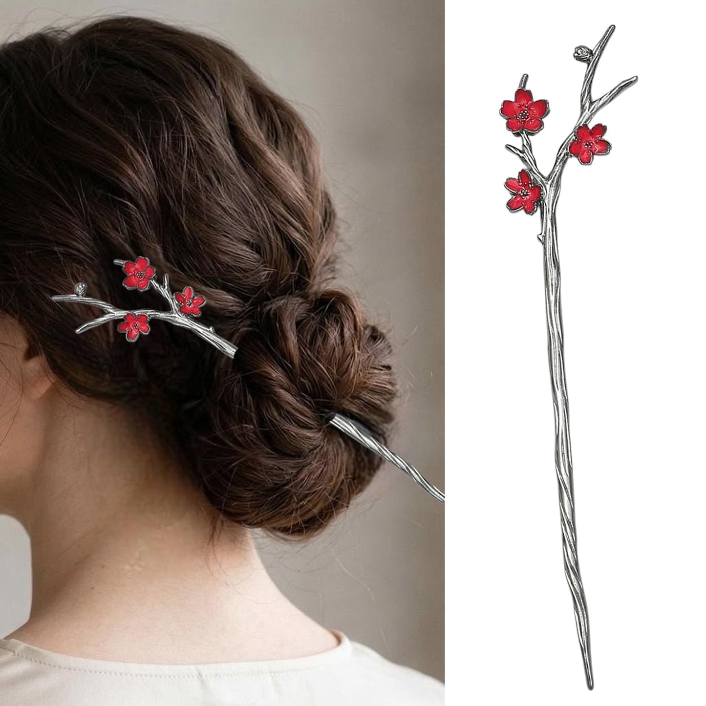 S.A.V.I Floral Chinese Style Hair Stick for Women | Silver Tone Metal Bun Pin with Red Cherry Blossom Design | Handmade 18 cm Hair Accessory for Bridal, Party, Wedding & Ethnic Wear