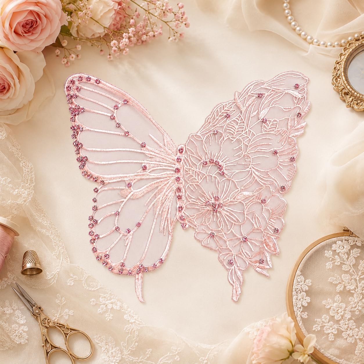 S.A.V.I Butterfly Floral Embroidery Sew-On Rhinestones Pink Patch 35x32cm|Ultra Thin Floral Lace Design for Kaftan, Dress, Blouse & Tops, Lightweight Decorative Craft Embellishment for Women
