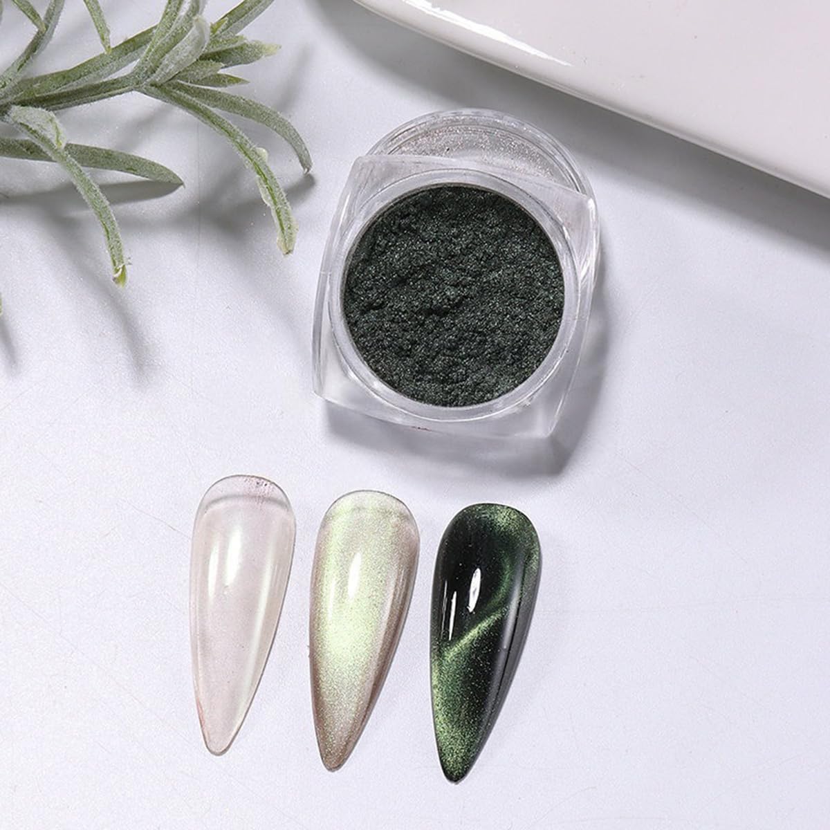 S.A.V.I Cat Eye Magnetic Nail Powder Set Green & Silver 2x5g | DIY Chrome Pigment, Shimmer Effect, Mix 1:1 Formula, Salon & Home Use, 2 Jars Included