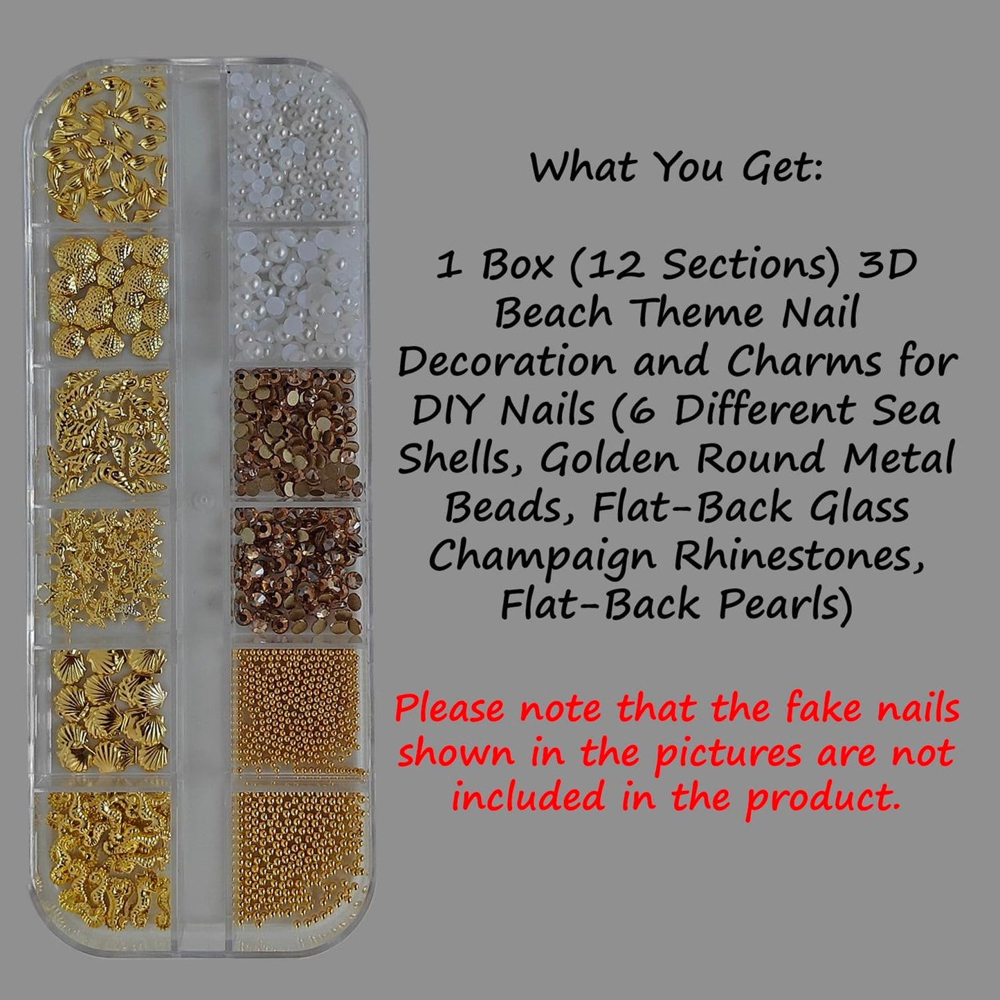S.A.V.I 3D Beach Theme Nail Art Kit | Gold Metal Seashell, Starfish & Seahorse Charms with Pearls and Rhinestones | Multi Size Flat Back | 12 Grid Storage Box