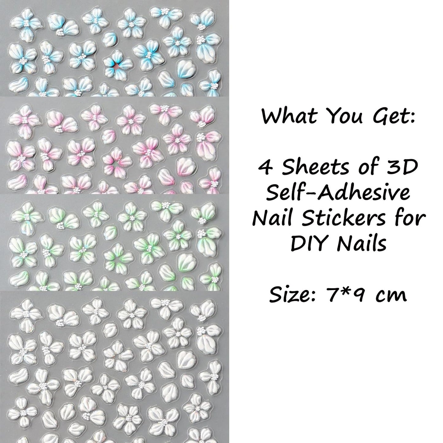 S.A.V.I 4 Sheets - 3D Floral Nail Art Stickers – Pearl White & Pastel Pink Blue Acrylic Flower Designs, Self-Adhesive Sheets 7×9 cm for DIY Salon-Style Nails at Home